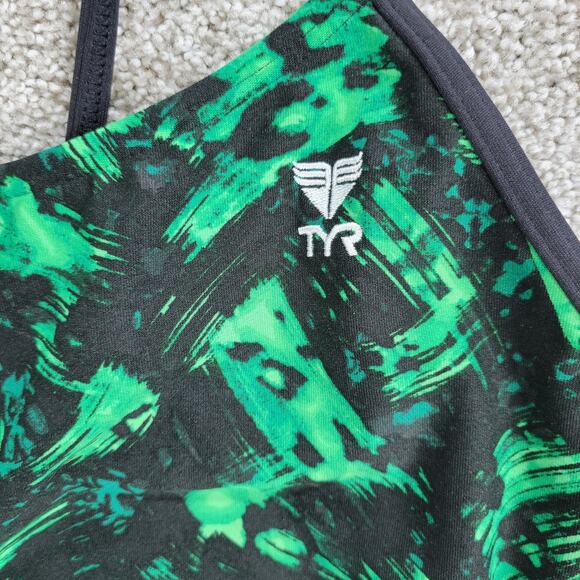 TYR Draco Cutoutfit One Piece Swimsuit Womens 30 Green Abstract Print Low Back - Picture 6 of 13